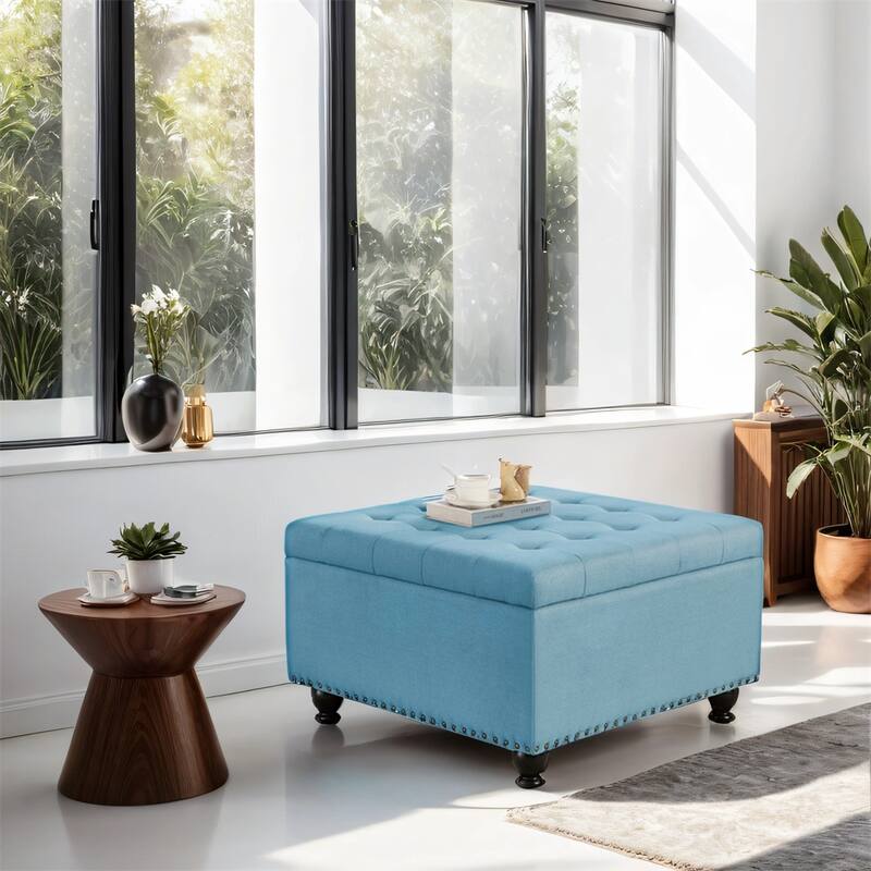Large Square Storage Ottoman w/Wooden Legs,Upholstered Button Tufted