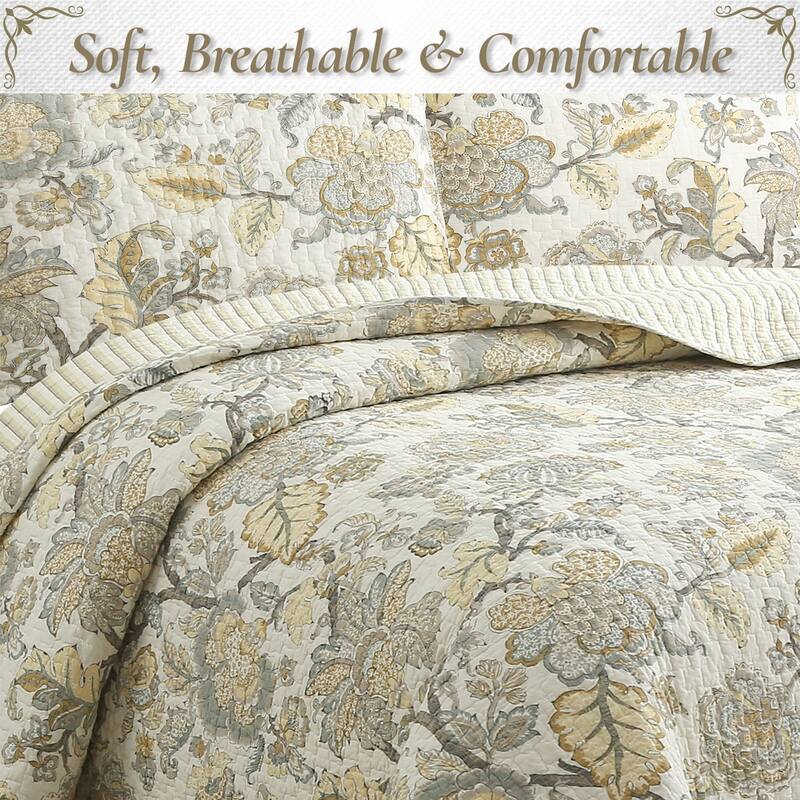 Cozy Line Autumn Floral Foliage Brown Beige Gold Cotton Queen 3 Piece Quilt Bedding Set