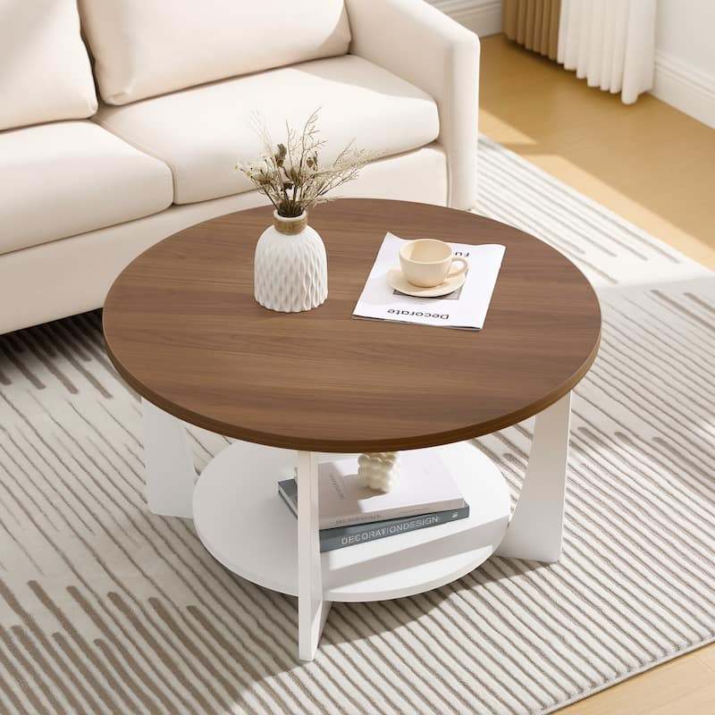 31.5" Round Coffee Table with Solid Wood Legs and 2-Tier Storage - 31.5"Dia x 17.72"H