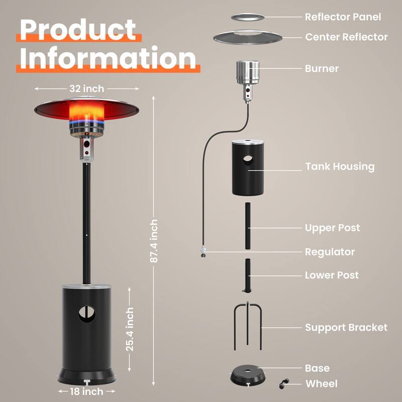 48000 BTU Propane Standing Patio Heater with Cover - N/A