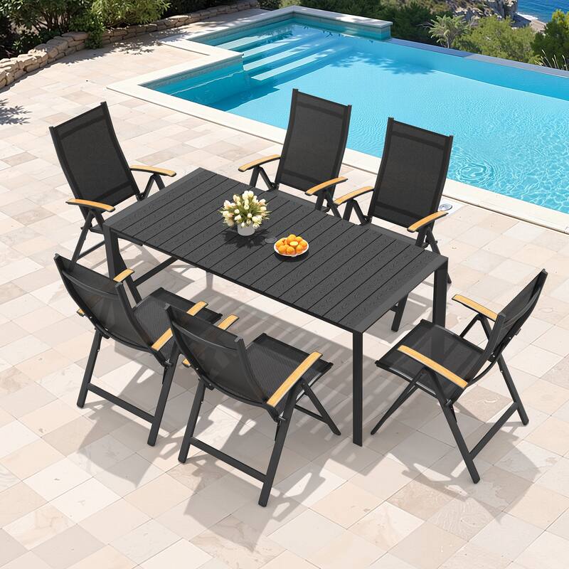 7/9/11-Piece Outdoor Patio Dining Set Aluminum Rectangular Dining Table and Adjustable Folding Chairs - Black