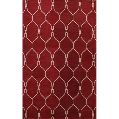 Red Trellis Oriental Contemporary Area Rug Hand-tufted Wool Carpet - 9'0" x 12'0"