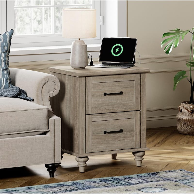 Mid Century End Table Nightstands with Charging Station & Drawer