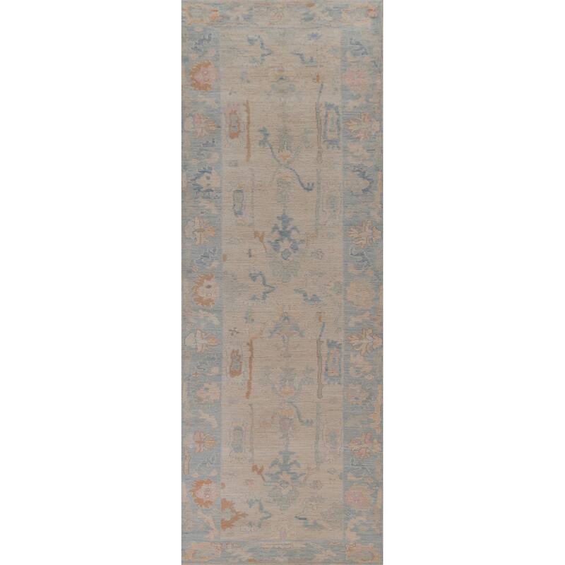 Hand Knotted Oriental 100% Wool Carpet Transitional All-Over Beige & Ivories Oushak Runner Rug - 12' 2'' X 3' 1''