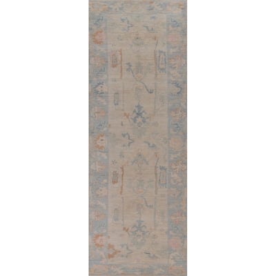 Vegetable Dye Oushak Turkish Runner Rug Hand-Knotted Wool Carpet - 3'1" x 12'2"