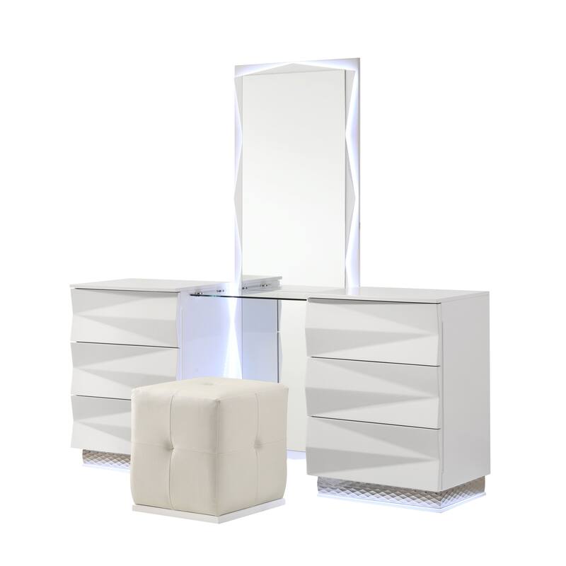 Furniture of America Emrix Modern 2-Piece White 6-Drawer Vanity Set with LED Light and Full-Length Mirror