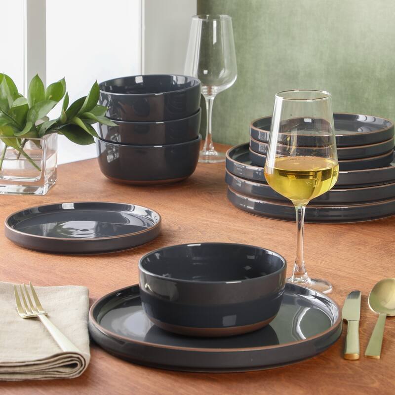 Gibson Elite Northrock Stoneware Dinnerware Set, 16-Piece Service for 4 - Plates & Bowls with Hand-Painted Terracotta Base