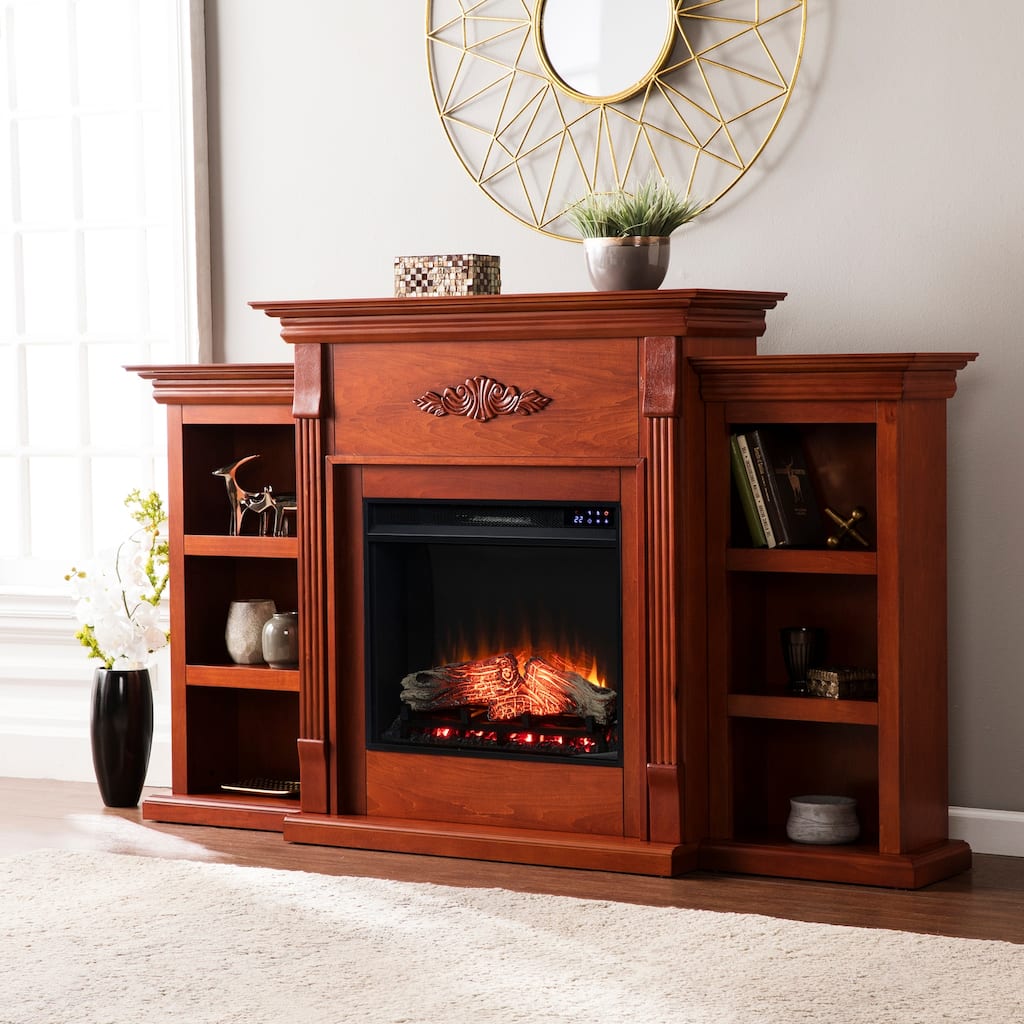 70 in. Freestanding Wooden Smart Electric Fireplace TV Stand in Mahogany ideal for a mess-free heating solution,