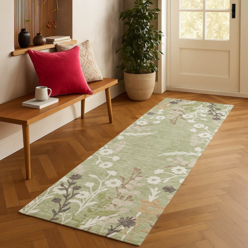 Machine Washable Indoor/ Outdoor Floral Border Chantille Rug