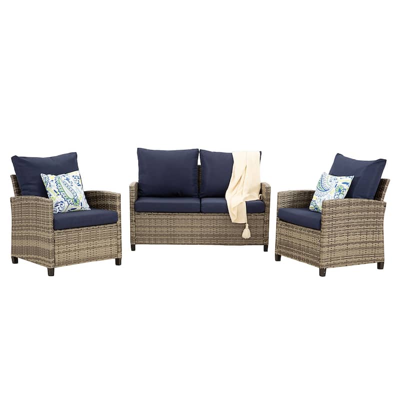 4-Piece Outdoor Wicker Patio Seating Sofa, 1 Love-seat and 2 Single Sofa - Gray/Blue