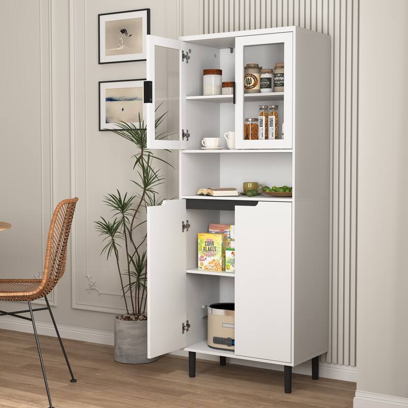 Tall Storage Bookcase with 2 Glass Display Door & 2 Doors, Tall Kitchen Pantry Cabinet with Gold Handles
