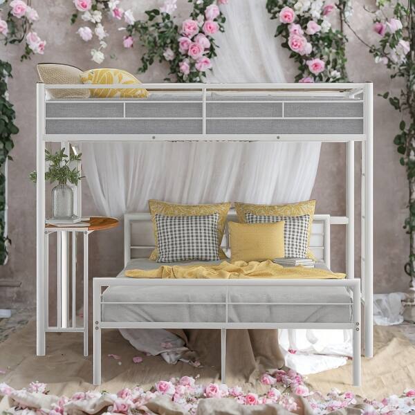 slide 2 of 9, Multifunction Twin Over Full Bunk Bed with Desk,Ladder and Quality Slats White
