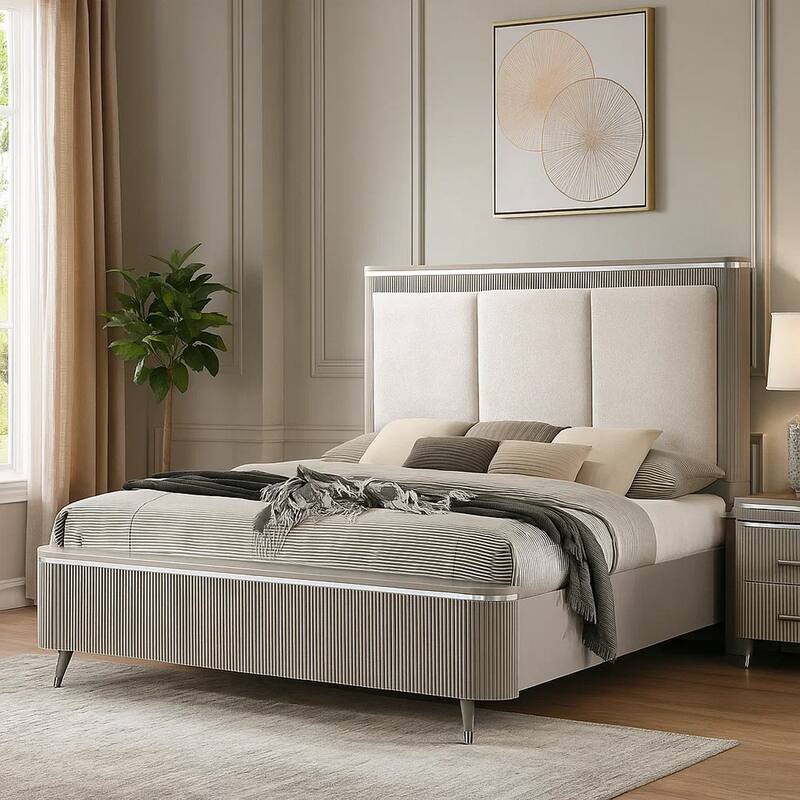 Gema Queen Bed, Channeled Upholstery, Reeded w Silver Line, Light Gray
