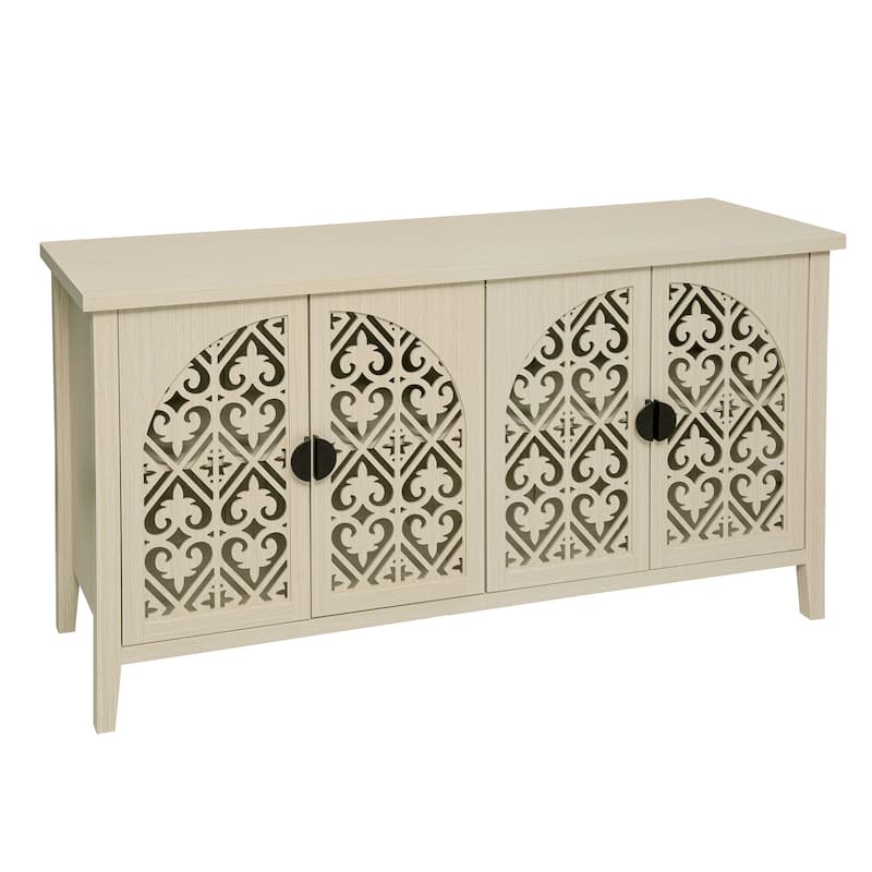 Symmetrical Carved Buffet, Storage Cabinet with Adjustable Shelves, Hollowed-out Accent Cabinet with Wood Feet