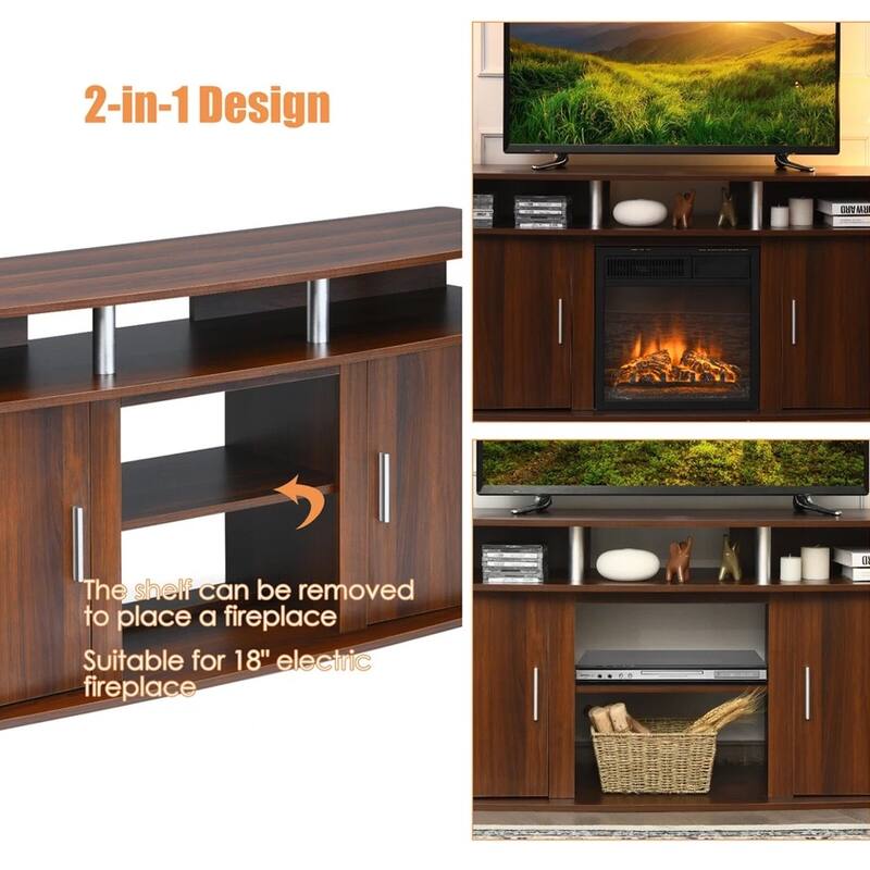 63" TV Stand Entertainment Center W/ 2 Cabinets Up to 70" Walnut - 62 inches