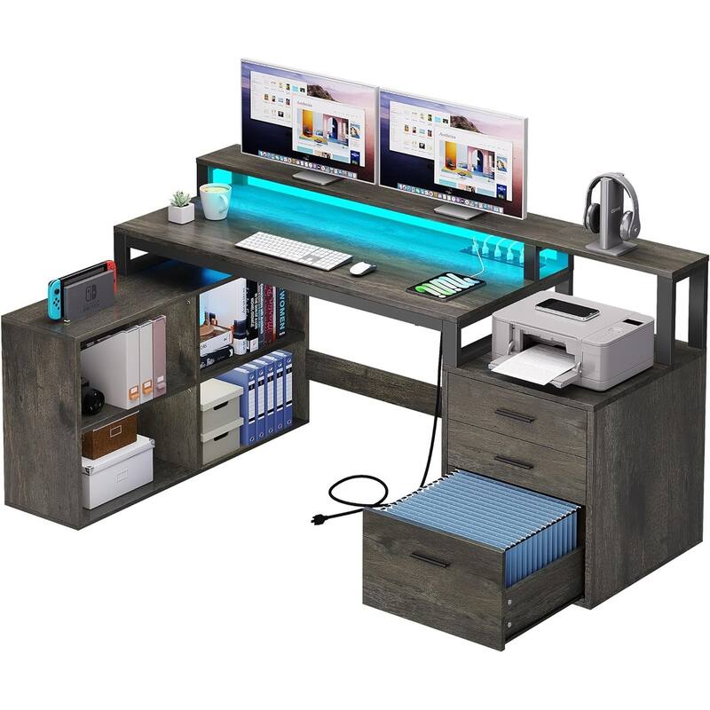 Moasis L Shaped Office Home LED Computer Gaming Desk with Drawers and Storage Shelves - Charcoal Grey