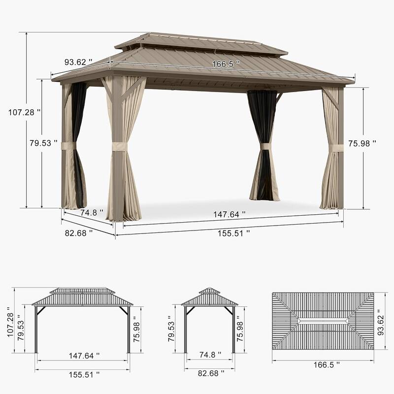 PURPLE LEAF Outdoor Hardtop Gazebo Champagne Metal Frame Galvanized Steel Double Roof with Curtains and Netting for Poolside