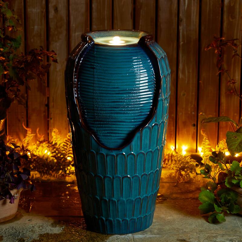 Glitzhome 28"H Oversized Petals Textured Ceramic Jar Outdoor Waterfall Fountain