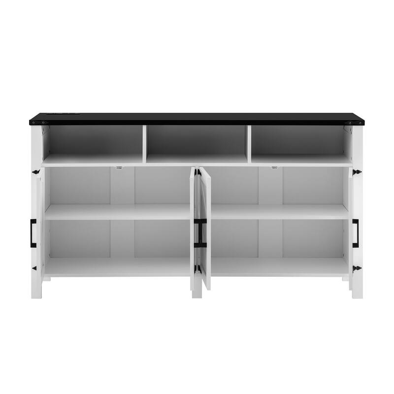 4-Door Wooden Sideboard, Buffet Cabinet with Power Outlets & USB Ports, Storage Cabinet with Adjustable Shelves & Open Shelves