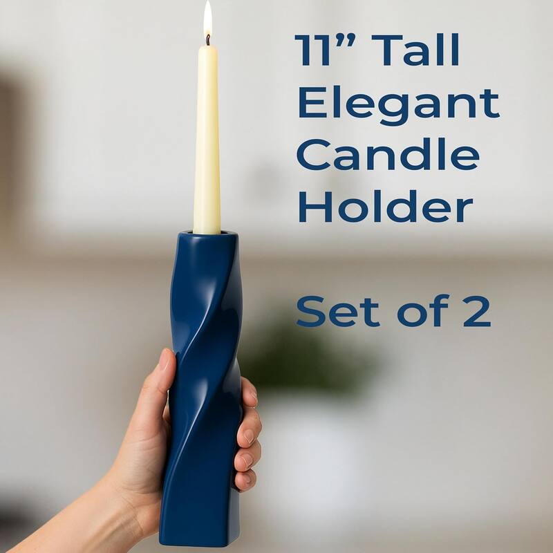 Blue Tall Curvy Santa Fe Style Ceramic Candlesticks Set of Two