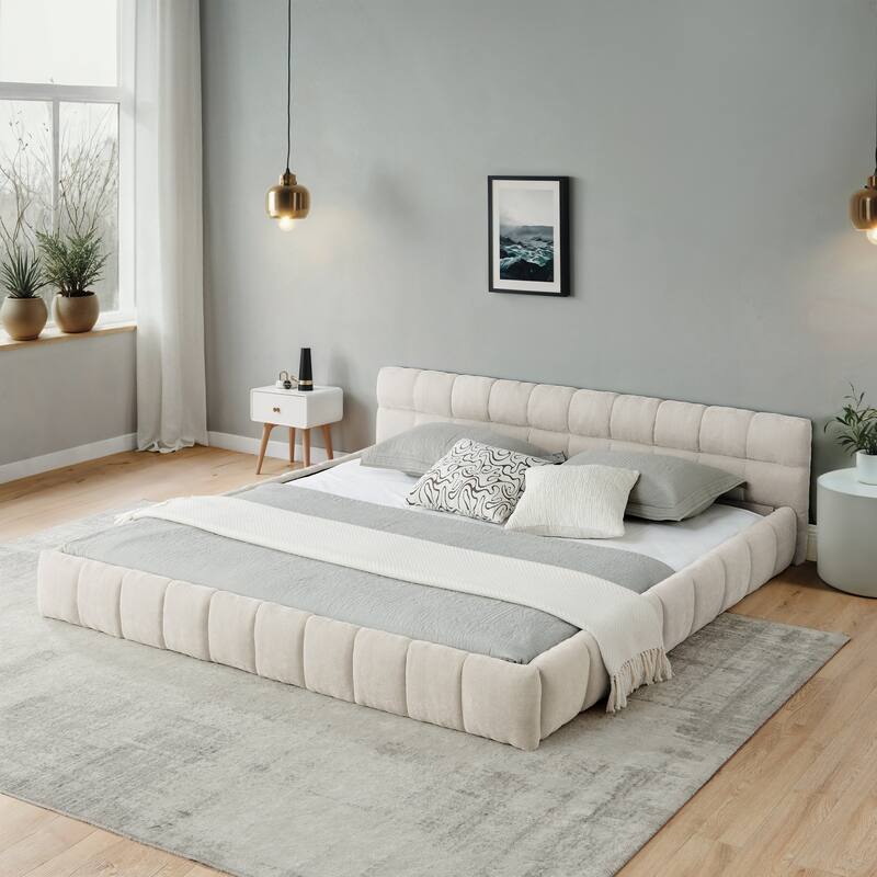 Block Thick Chenille Low Profile Platform Bed Fabric Upholstered Bedframe with Headboard Solid Wood Frame - Optional Storage Bed - Beige - California King
