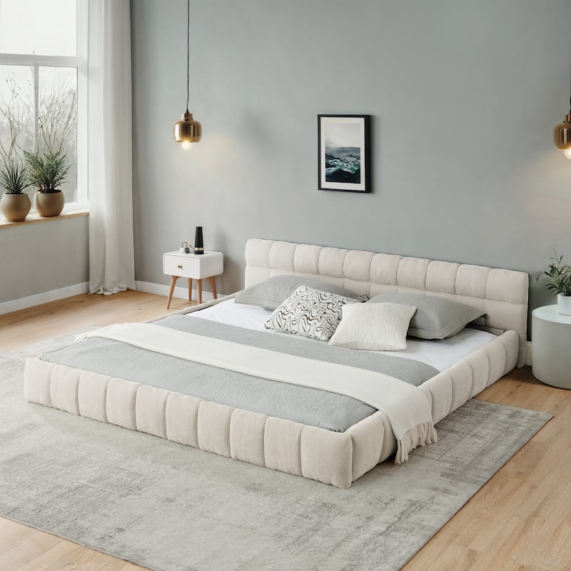 Upholstered Beige Platform Bed Frame with Headboard - Beige