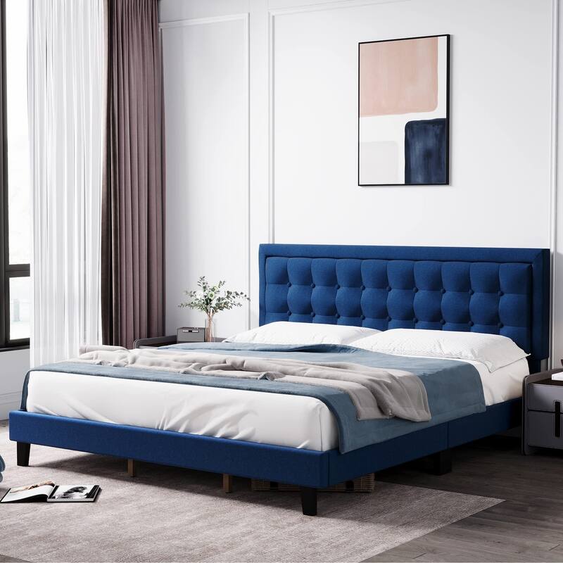 Modern Upholstered Platform Bed with Button Tufted Headboard