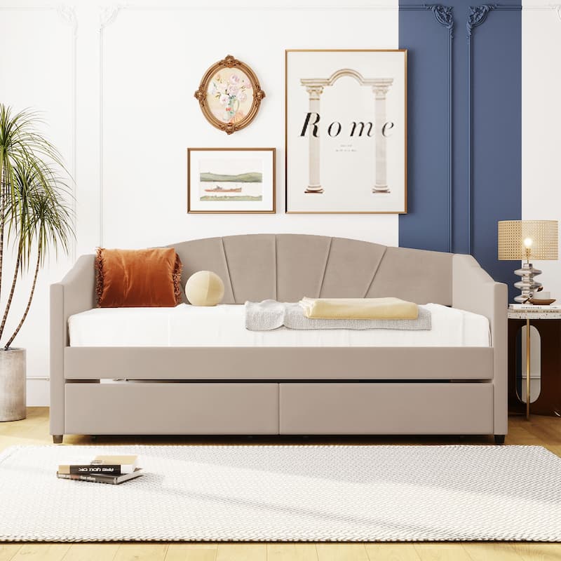 Upholstered daybed Twin Size with Two Drawers and Wood Slat