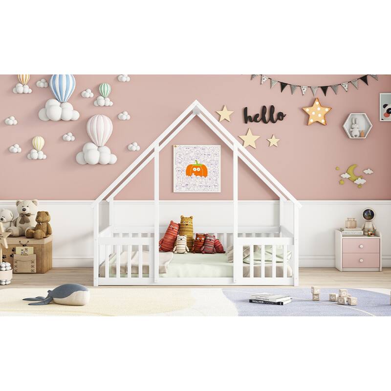 Roomfitters Twin/Full Wood House-Shaped Floor Bed with Fence and Guardrails, Low Profile Platform Bed, No Box Spring Needed