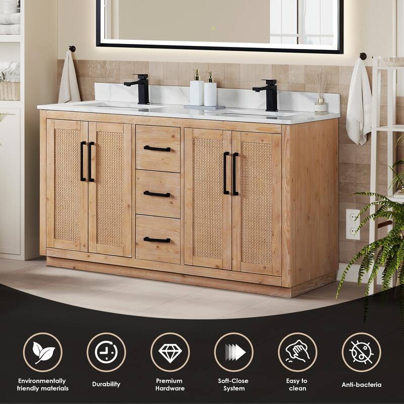 Floral Single Bathroom Vanity in Light Brown with Calacatta White Quartz Countertop with Mirror
