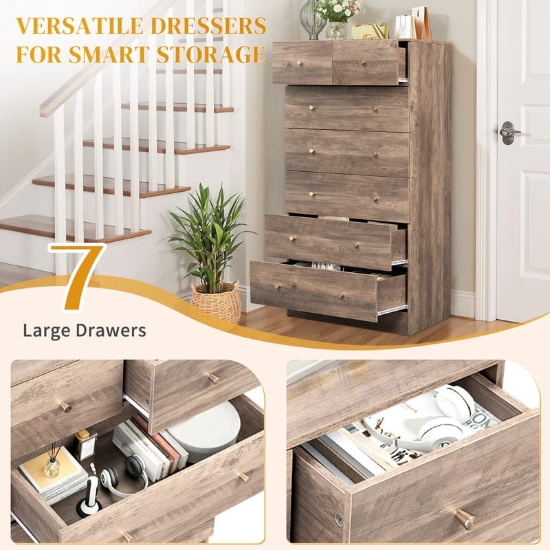 Large 7-Drawer Dresser For Bedroom And Chest Of Drawers With Sturdy Construction Wood Storage Organizer For Closet