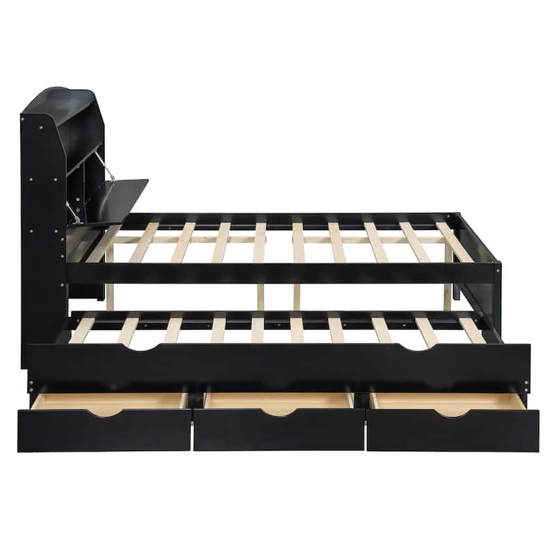 Full Size Wooden LED Platform Bed with Trundle, Storage Headboard Modern Floor Standing Bed Frame with Drawers