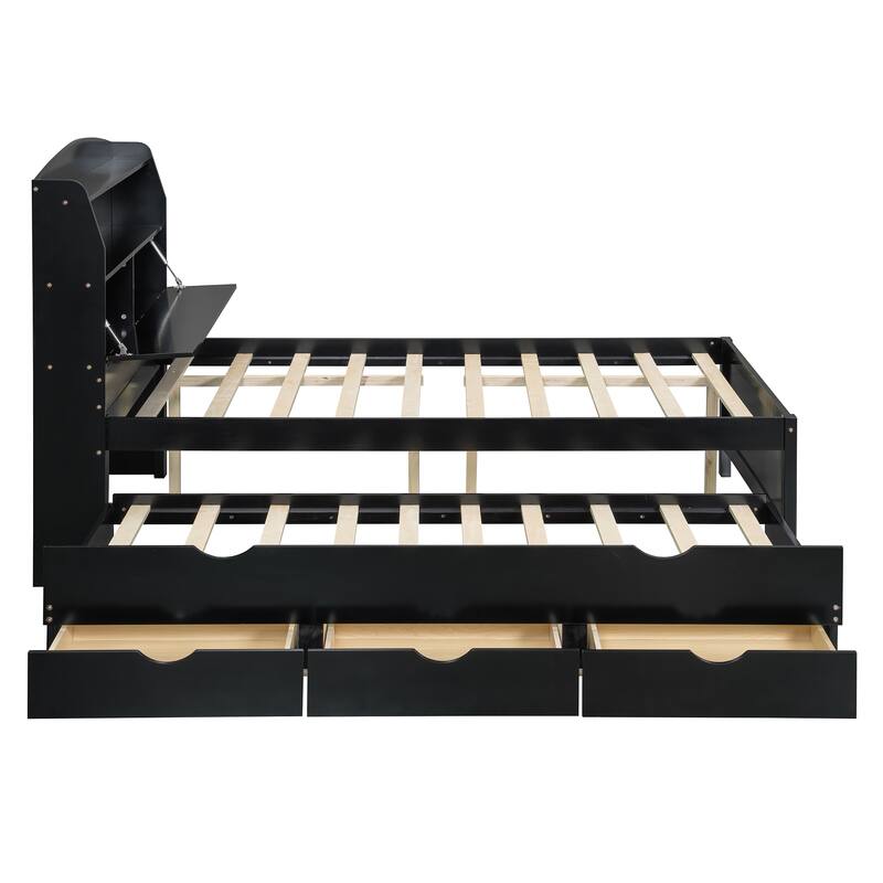 Wooden Platform Bed with Pull Out Trundle Bed and Drawers, All-in-One LED Headboard with Charging Station and Flip Up Storage