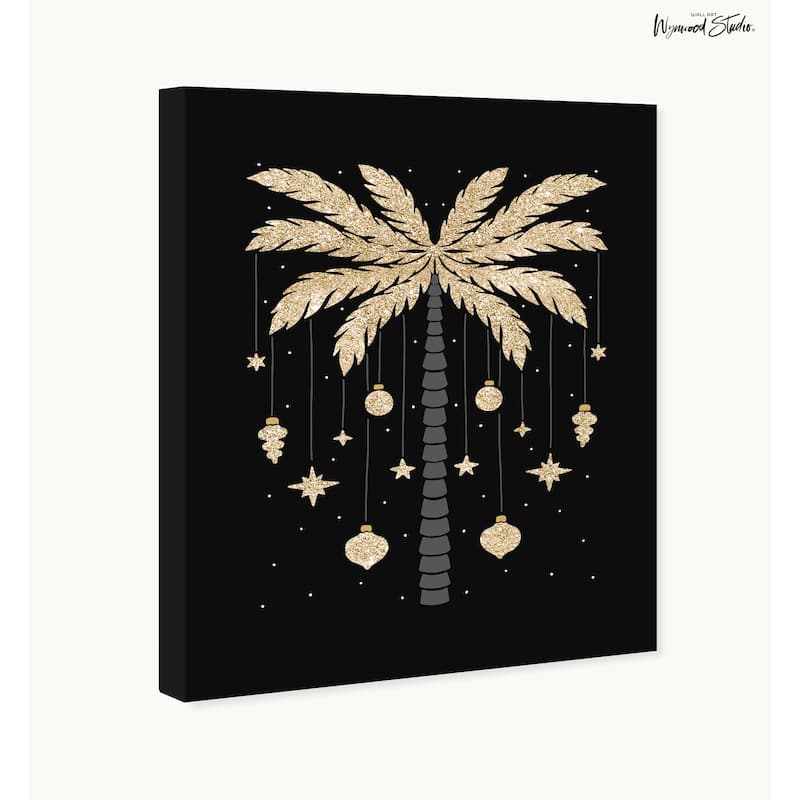 Wynwood Studio Canvas Holiday and Seasonal Golden Palm Tree for the Season Black Glam Wall Art Canvas Print