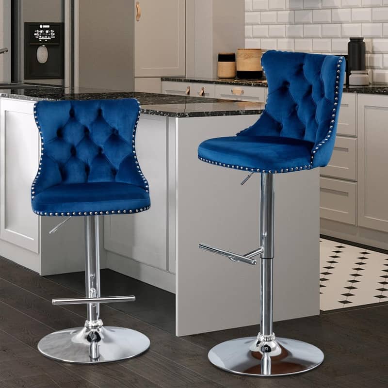 Velvet Upholstered Nailheads Tufted Swivel Bar Stools (Set of 2)