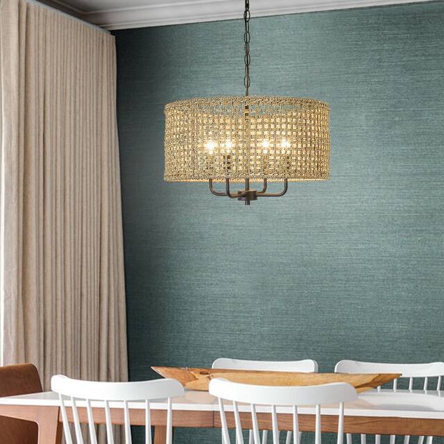 4-Light Bohemian Hand Woven Drum Chandelier - W20" x H75.6" - Black/Lime - 20 in. W - 20 in. W