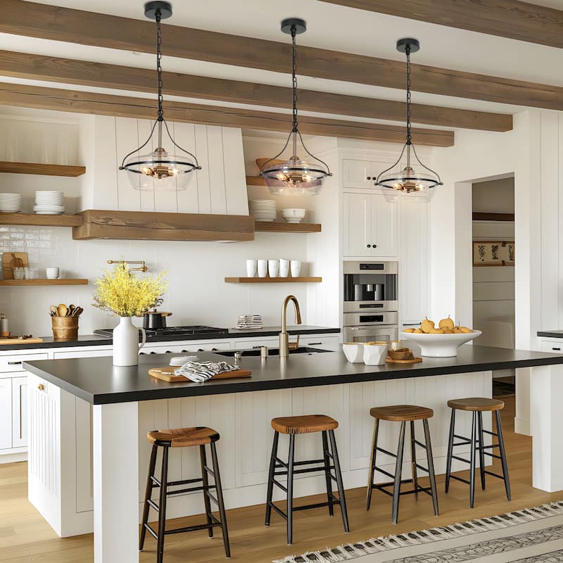 Mid-Century Modern 3-Light Glass Chandelier Black Gold Pendant Lights for Dining Room