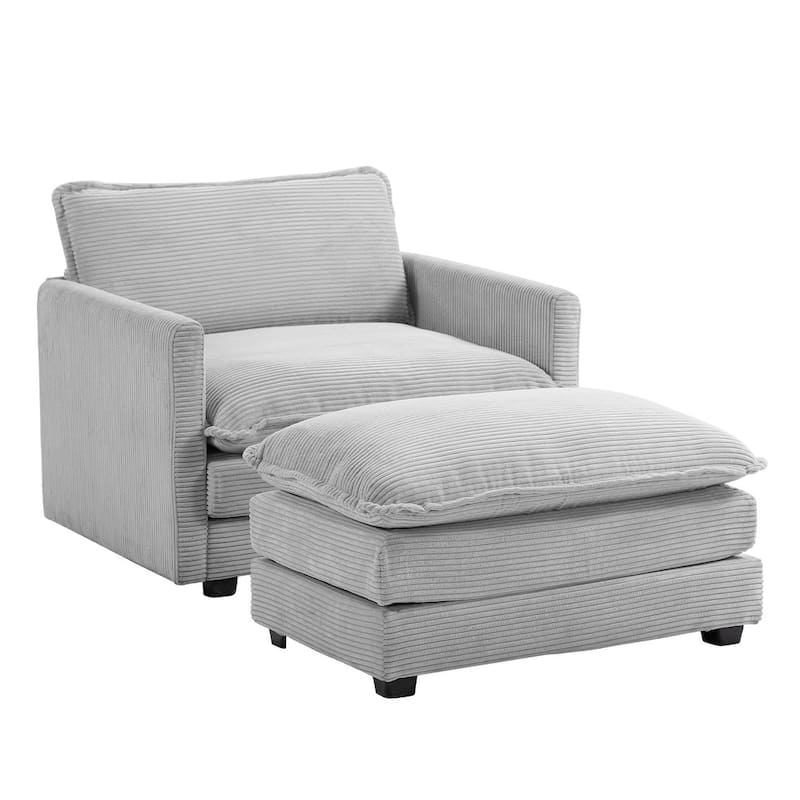 Oversized Corduroy Armchair with Plush Cushions and Movable Ottoman - Grey