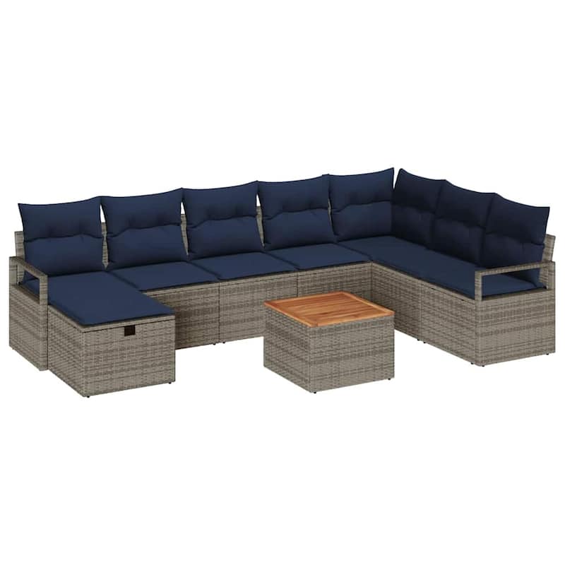 vidaXL 9 Garden Sofa Set with Cushions Black/Grey Poly Rattan - 113 x 69.7 x 27.2