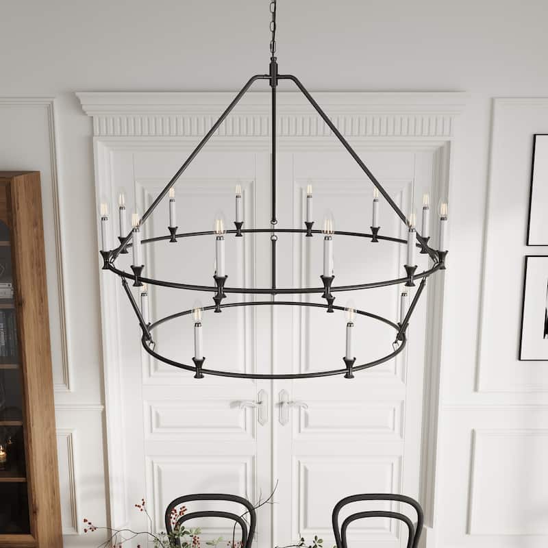 Farmhouse Black 18-Light Wagon Wheel 2-Tier Candle Chandelier
