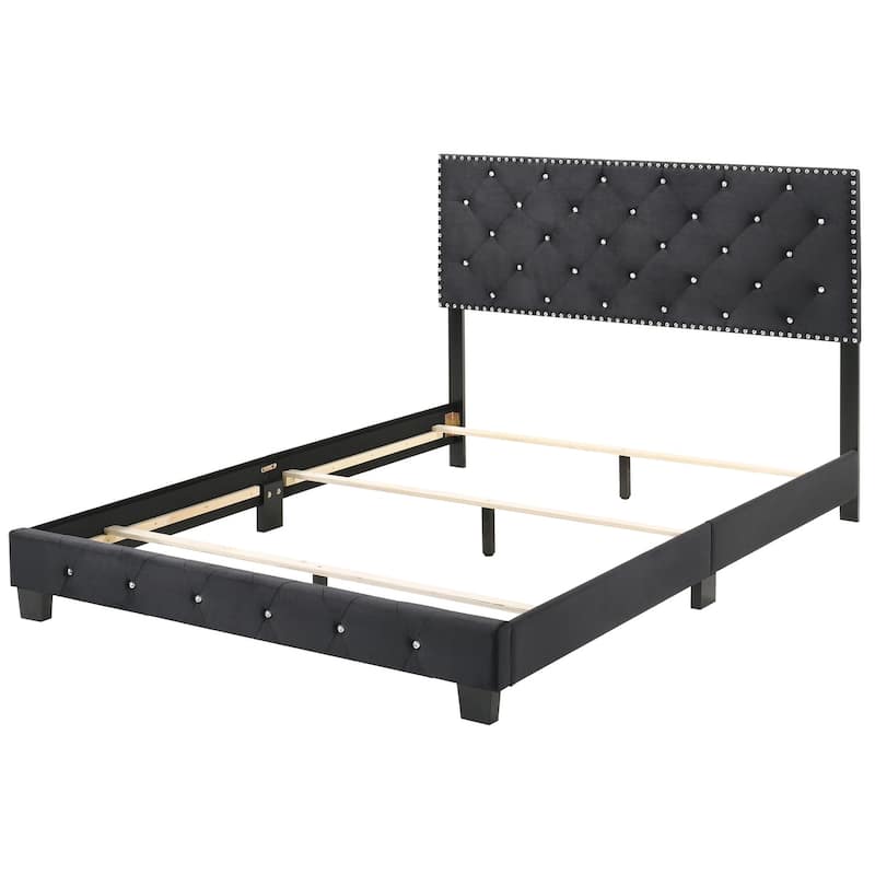 Velvet Tufted Faux Jewel Upholstered Queen Panel Bed - 83" - Black