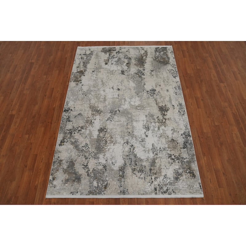 Machine Made Oriental Polyester Carpet Abstract Greys & Charcoal Distressed Area Rug - 7' 5'' X 5' 2''