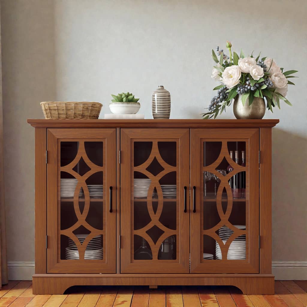 48" Sideboard with 3 Tempered Glass Doors, Adjustable Shelf Buffet Storage Cabinet for Dining Room, Kitchen, or Living Room