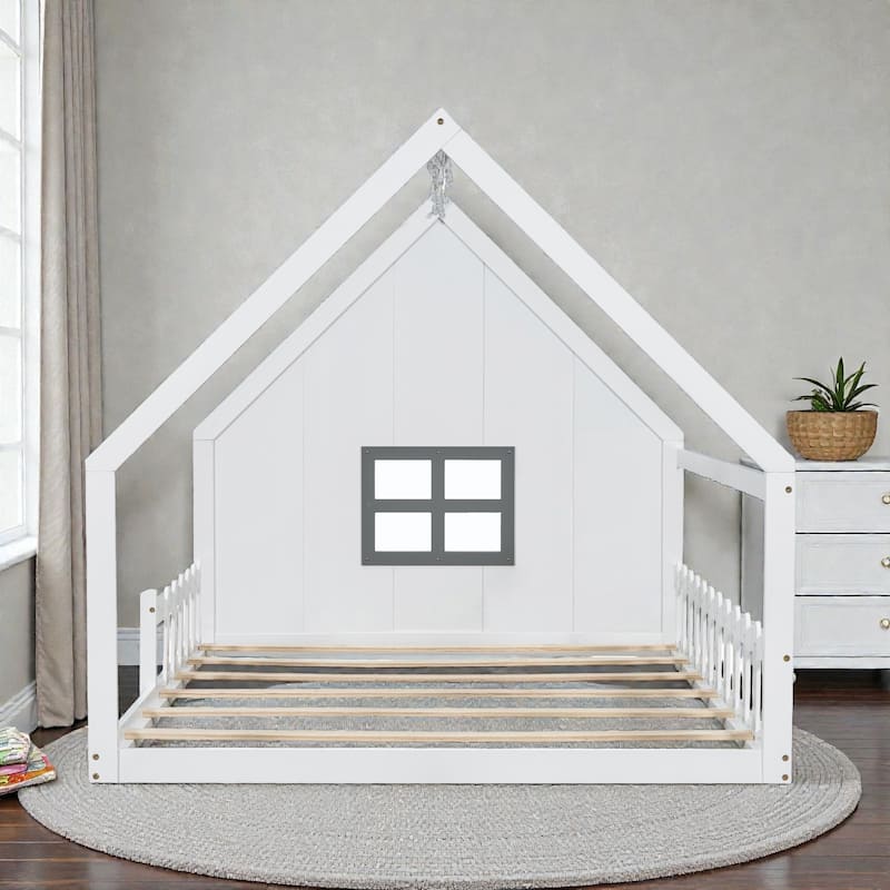Full Size Wood House Bed with Window, Fence and LED Lights, Rustic Kids Floor Bed Frame