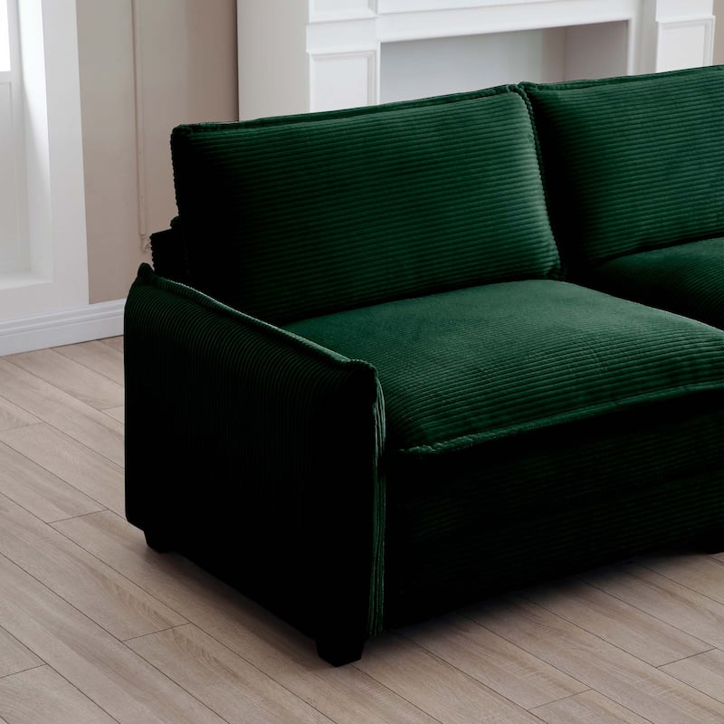 Green 4-Piece Corduroy Modular Sleeper Sectional Sofa, 2 Removable Ottomans & 4 Pillows