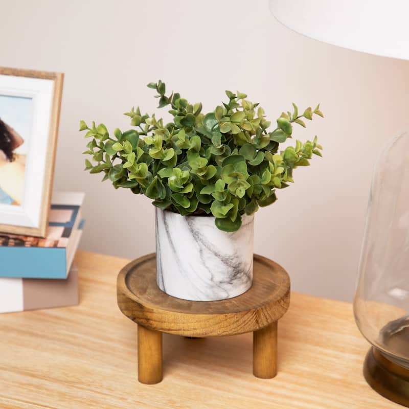 9" Green Artificial Eucalyptus in a Marble Style White Pot