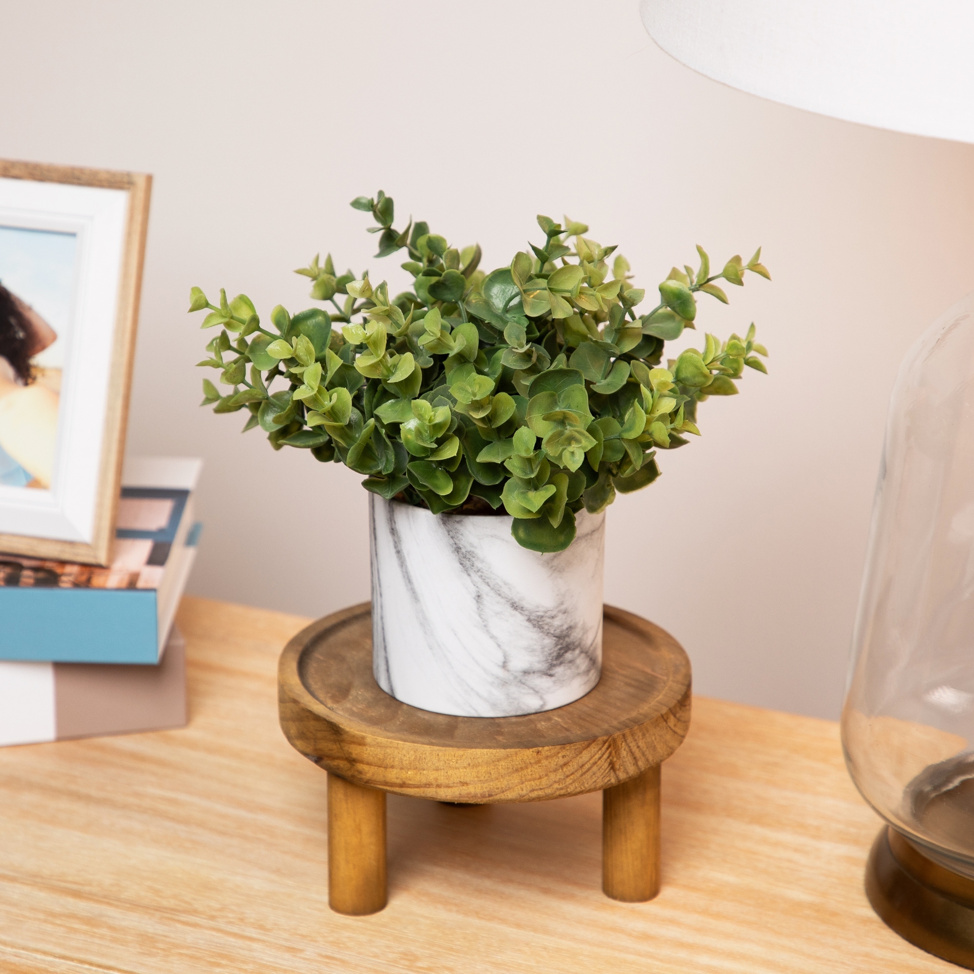 9" Green Artificial Eucalyptus in a Marble Style White Pot