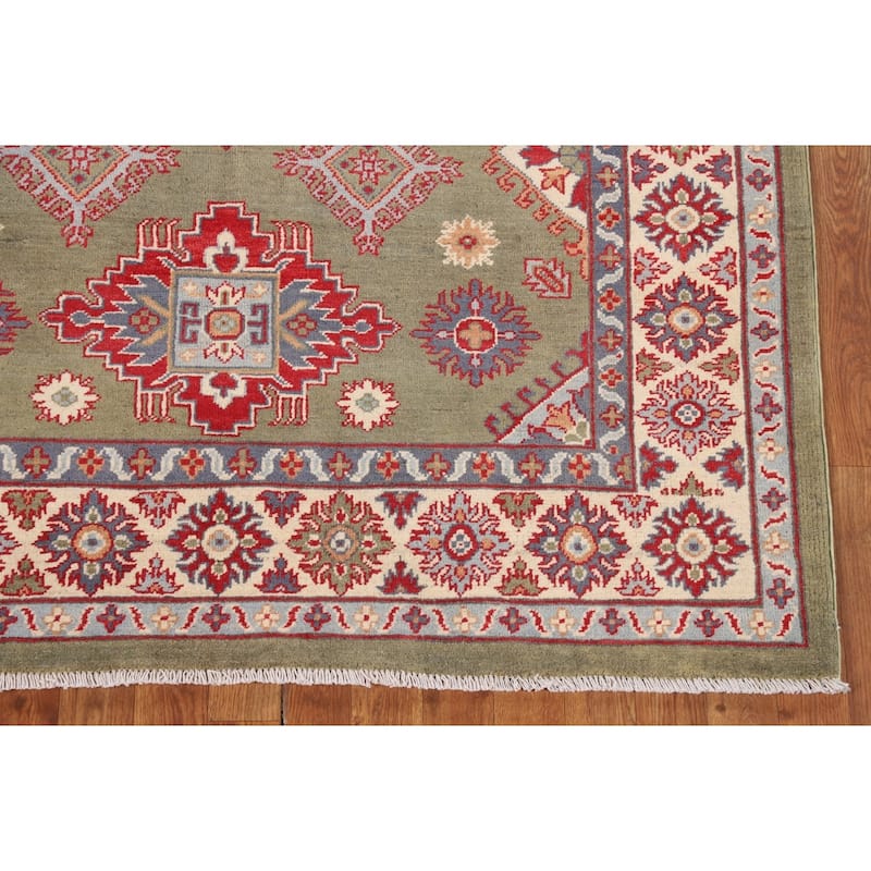 Green Kazak Area Rug Handmade Oriental Wool Carpet - 4'10" x 6'3"