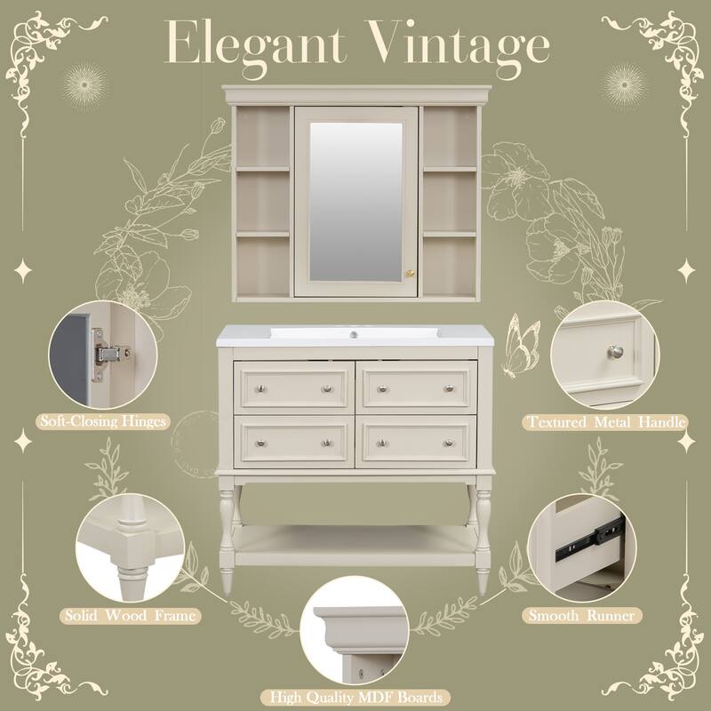 Modern Bathroom Vanity Set with Adjustable Shelf, 4 Drawers & Medicine Cabinet