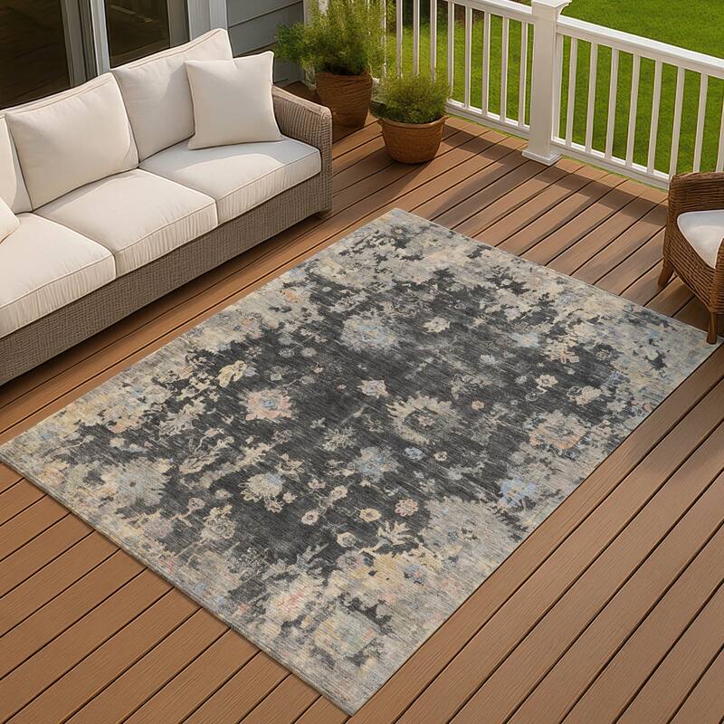 Machine Washable Indoor/ Outdoor Vintage Traditional Chantille Rug - Charcoal - 10' x 14'
